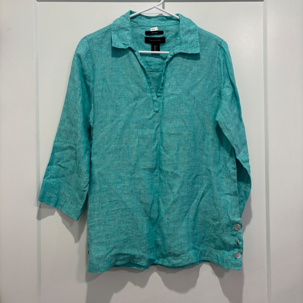 J. Jill Women Teal Turquoise 100% Linen 3/4 Sleeve Button Down Tunic Shirt Small